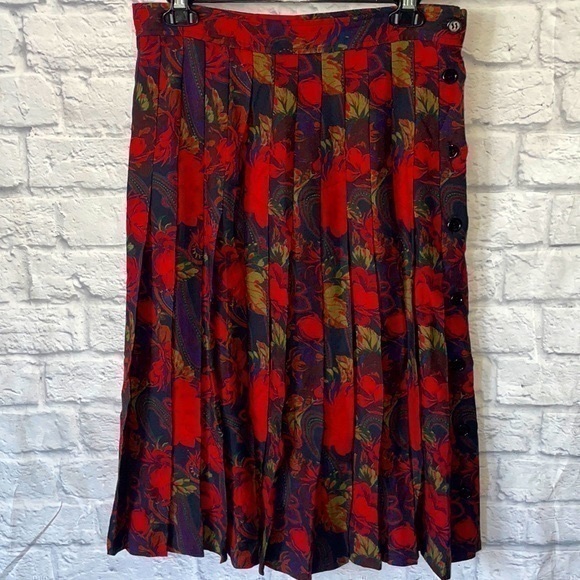 Vintage Emanuel Ungaro Floral Paisley Pleated Wool Button Down Wool Midi Skirt